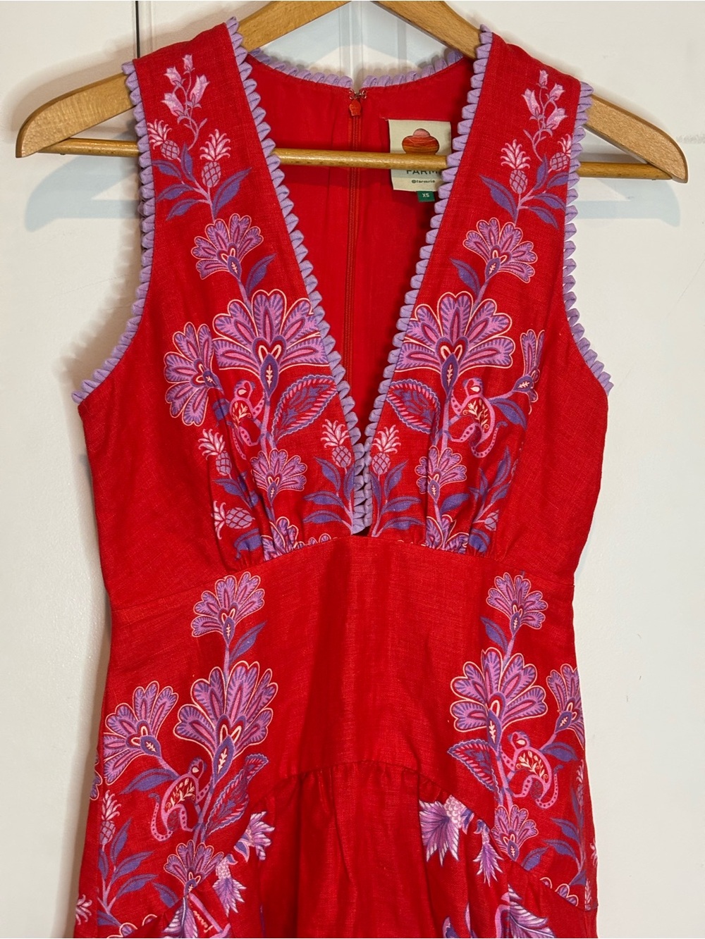 Farm Rio Porcelain Garden Red Purple Sleeveless Deep V Linen Maxi Dress XS - Picture 3 of 12